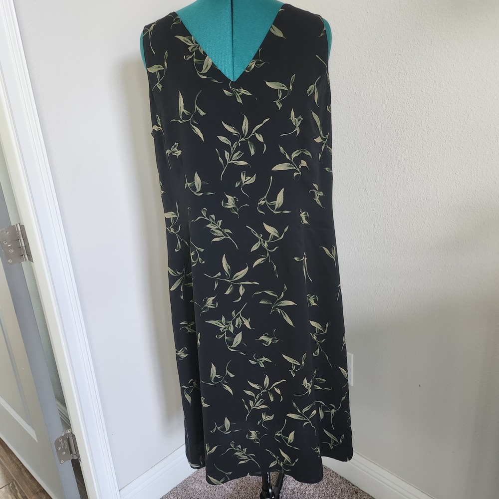 Liz Claiborne Sheath Dress Womens 16 Black Silk Leaf V Neck V Back Midi